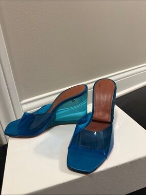 Amina Muaddi Blue Transparent Wedge Mules